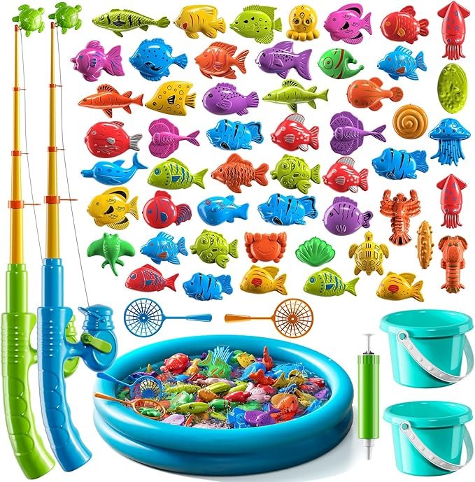 Magnetic Fishing Game Pool Toys for Kids 3 4 5 6 7 8, Water Table Bathtub Toys with Inflatable Pool, Bath Toys for Toddlers, Summer Outdoor Indoor Magnetic Fishing Toys Gifts for Boys Girls 3-5 4-8