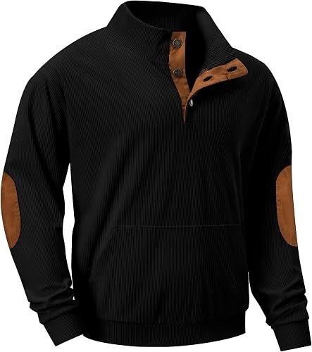 Dokotoo Men Men's Corduroy Sweatshirt Casual Long Sleeve Stand Collar Knitted Pullover Button Sweaters with Pockets