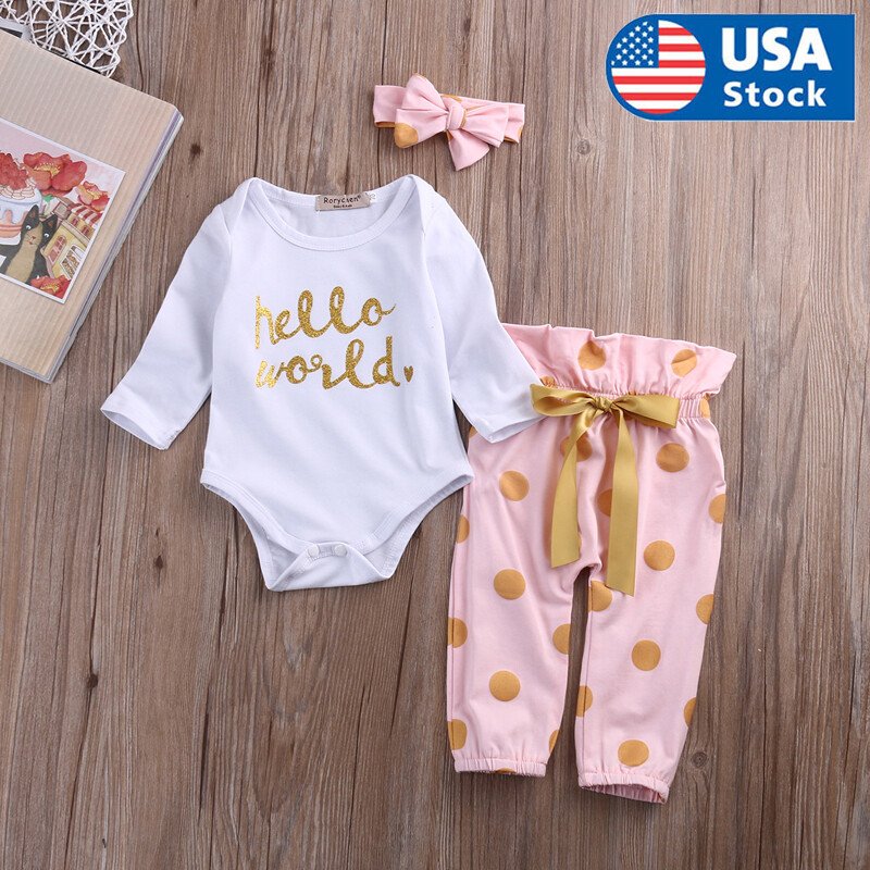 3Pcs Newborn Baby Girl Clothes Set Romper Bodysuit Top Polka Dots Pants Outfits