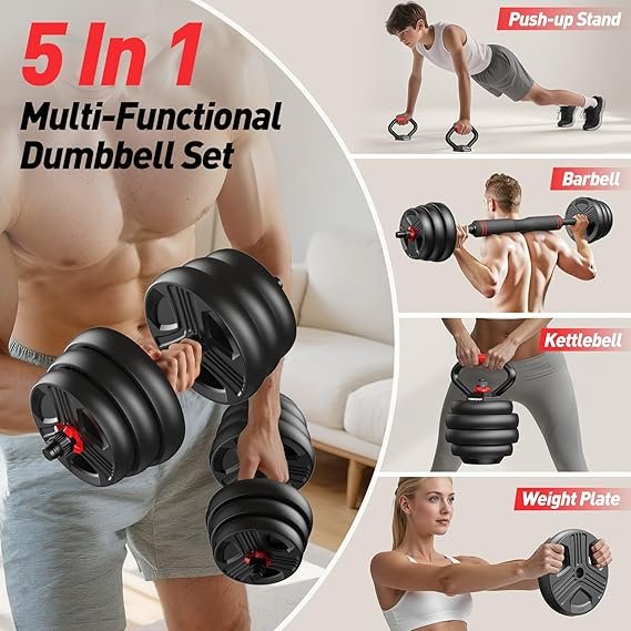 FITPLAM Adjustable dumbbell set,20/35/45/55/70/90lbs Free Weights set with upgraded nut, 5 in 1 Weight Set Used as Kettlebells, Barbell, Push up Stand, Fitness Exercise for Home Gym Suitable Men/Women hover
