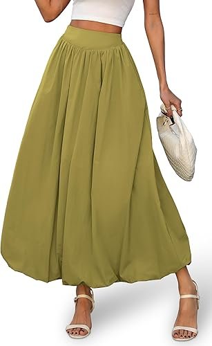 ELLEVEN Women's Bubble Maxi Skirt, Elastic Waist Puffy Hem A-Line Skirt with Pockets