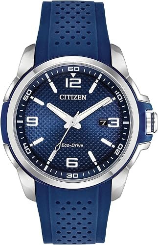ITIZEN Men's Eco-Drive Weekender Watch in Stainless Steel with Blue Polyurethane Strap, Blue Dial (Model: AW1158-05L)