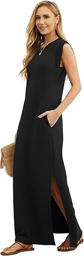 GRECERELLE 2026 Women Year-Round Casual Round Neck Loose Split Wrinkle-Free Long Maxi Vacation Dress with Pockets (XXS-4XL) hover