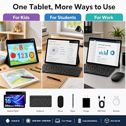 Jeazans Android 16 Tablet 10.1 Inch, 2-in-1 Tablet Bundle with Keyboard, Wireless Mouse, Stylus, Leather Case, Dual Camera, 64GB Storage+1TB Expansion, Portable Laptop for Students & Business hover
