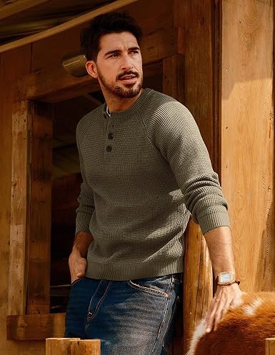 PJ Jones Mens Sweaters Casual Waffle Pullover Sweater Button Crewneck Textured Knit Henley Sweaters hover