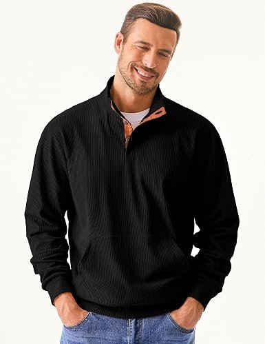 Dokotoo Men Men's Corduroy Sweatshirt Casual Long Sleeve Stand Collar Knitted Pullover Button Sweaters with Pockets hover