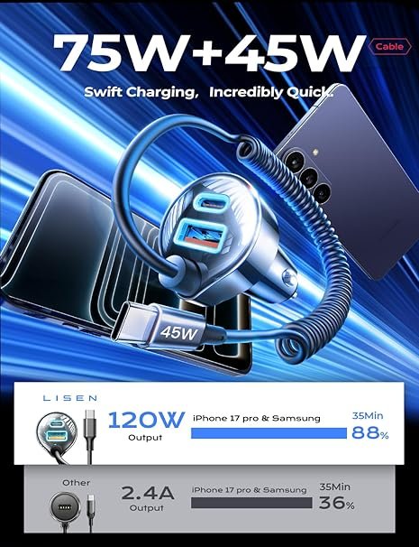 LISEN 90W for iPhone 17 16 15 Pro Max Car Charger USB C Fast Charge,Super Fast for iPhone 17 16 Car Charger USB C Adapter for iPhone 17e 16 15 Pro Max Plus Air,Samsung Galaxy S26 Ultra, Gifts hover