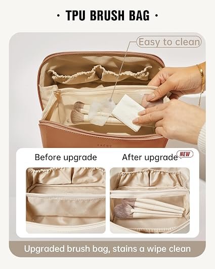 EACHY Travel Makeup Bag, Large Capacity Cosmetic Bag for Women, Waterproof PU Leather, Flat Open Portable Toiletry Bag for Skincare, Brushes & Travel Essentials hover