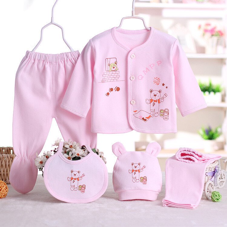 5-Piece Newborn Baby Outfit Set – Unisex Cotton Clothes (Top, Pants, Hat, Bib)