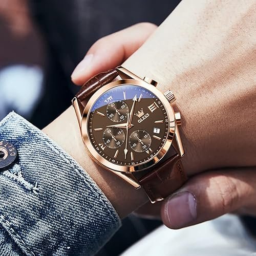 OLEVS Men's Watches Brown Leather with Date,Casual Watches for Men,Large Face Watches Men,Chronograph Mens Watch,Sport Waterproof Business Dress Analog Quartz Men's Wrist Watches Reloj De Hombre hover