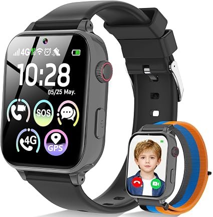 4G Kids Smart Watch for Boys Girls with GPS Tracker, SOS, Two Way Call Video Calling Voice Chat,School Mode, Alarm Clock,Safe Zones,Pedometer,Stopwatch,Games Children Smartwatch for 4-12 (4G Blac)