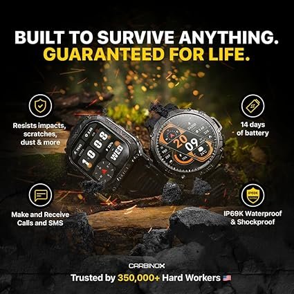 CARBINOX Blaze Smart Watch with GPS – Rugged Fitness Trackers, IP69K Waterproof, 170+ Sports Modes, Gorilla Glass, Make/Receive Calls, Android & iOS Compatible hover