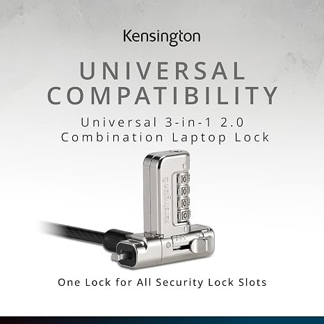 Kensington Universal 3-in-1 2.0 Combination Laptop Lock, Fits T-bar, Nano, N17, Wedge-shaped Lock Types, 6-foot Computer Security Locking Cable, Compatible with Dell, HP, Lenovo - Resettable, K63394WW hover