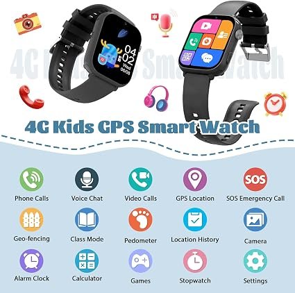 4G Kids Smart Watch for Boys Girls with GPS Tracker, SOS, Two Way Call Video Calling Voice Chat,School Mode, Alarm Clock,Safe Zones,Pedometer,Stopwatch,Games Children Smartwatch for 4-12 (4G Blac) hover