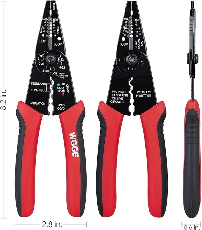 WGGE WG-015 Professional 8-inch Wire Stripper/Crimping Tool, Cable Cutter/Crimper, Wiring and Multi-Function Hand Tool, Red With Black hover