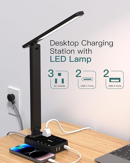 Addtam LED Desk Lamp, Power Strip with 3 Outlets 4 USB Charging Ports(2 USBC), 4 Modes 5 Level Brightness Touch Lamp, Small Desk Lamp for Home Office College Dorm Room Essentials hover
