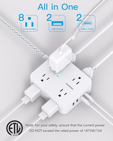 Surge Protector Power Strip - HANYCONY 8 Outlets 4 USB (2 USB C) Charging Ports, Multi Plug Outlet Extender, 5Ft Braided Extension Cord, Flat Plug Wall Mount Desk Charging Station for Home Office ETL hover
