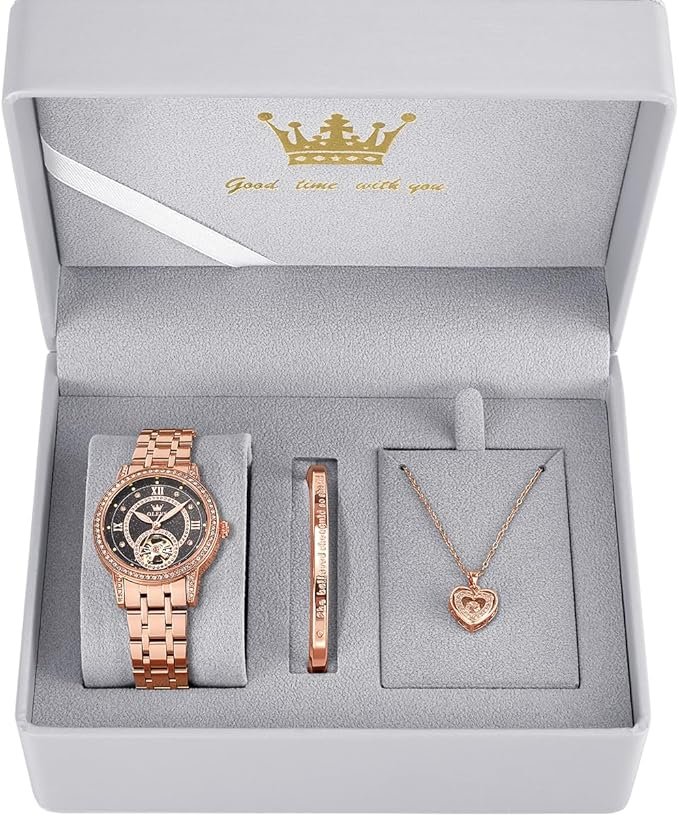 OLEVS Automatic Womens Watches Mechanical Diamond Skeleton Luxury Dress Stainless Steel Silver/Rose Gold Waterproof Luminous Ladies Wrist Watches Gift Set hover