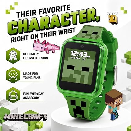 Minecraft Kids Smartwatch - Interactive LED Screen Watch with 10 Custom Watch Faces, Games, Camera, Alarm, Step Tracker & More - Fun Tech Gift for Boys and Girls - Fits Wrists 5.5'' to 8.0