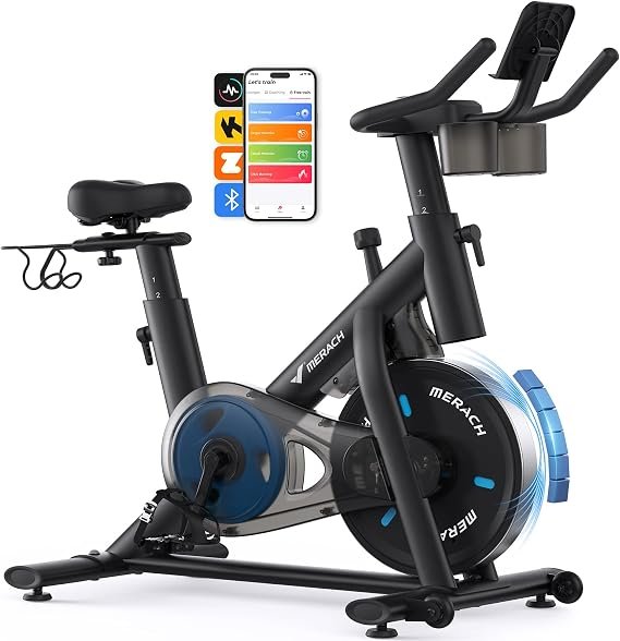 MERACH Exercise Bike, Magnetic Friction Stationary Bike with Brake Pad | Low Noise Indoor Cycling Bike with Exclusive App, 300lbs Weight Capacity, Tablet Mount and Fitness Courses for Weight Loss