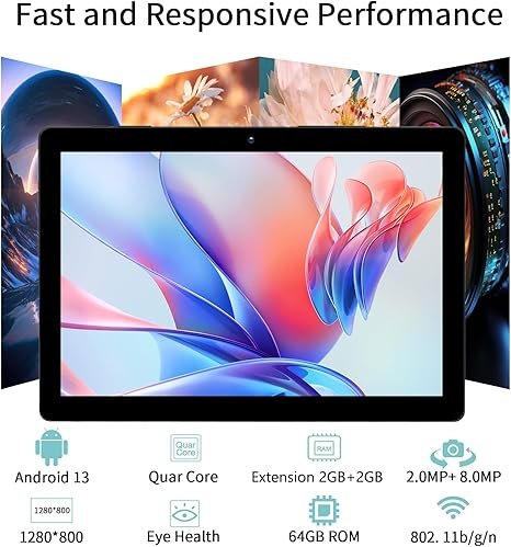 PRITOM Tablet 10 inch, 64GB, Tablet Android, HD IPS Screen, Dual Camera, WiFi, Bluetooth, Tablets with 6000mAh Battery, Touch10 Tab GMS Certified (Black) hover