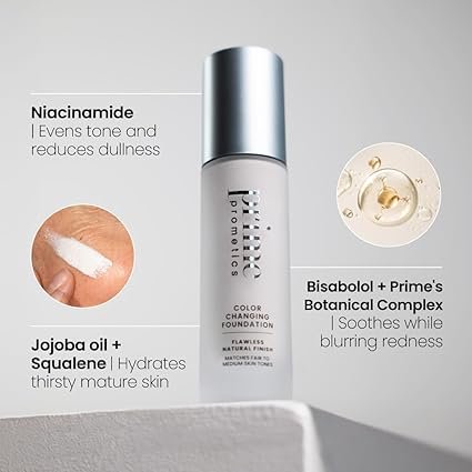 Prime Prometics Color Changing Foundation for Mature Women – Instantly Adapts to Your Skin Tone – Buildable Light-to-Medium Coverage – 12-Hour Wear – Natural Dewy Finish – Hypoallergenic hover