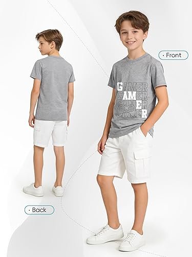 5 Pack Boys Shirts Cotton Youth Graphic T-Shirts Boys Print Clothes | Sizes 5-18 Shirts Tagless Graphic Short Sleeve Crew Neck Cotton Shirts for Boys Basketball, Soccer, Football, School hover