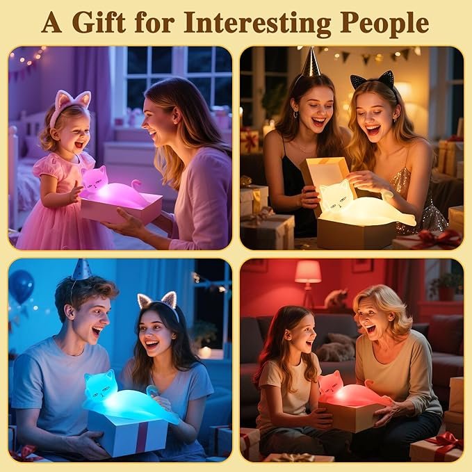 Lying Flat Cat Lamp Funny Gifts, 16 Colors+5 Dimming+Silicone Random Stuff, Touch+Remote+Recharge Night Light, Unique Cool Lamp,Cute Weird Stuff, Squishy Cat White Elephant Gifts for Adults/Teens/Kids hover