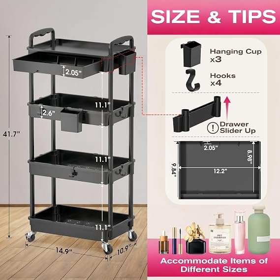 Goovilla Rolling Makeup Organizer Cart with Removable Drawer, 4 Tier Black | Stable Floor Skincare Storage Cart for Vanity, Cosmetic Display, Nail Polish, Perfume, Hair Stuff, Beauty, Bathroom(Plastic) hover
