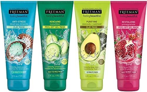 FREEMAN Facial Mask Variety Bundle for Skin Care， Peel-Off & Clay Facial Masks with Minerals， Pomegranate， Dead Sea， Cucumber， & Avocado， Skincare Essentials， Hydrating & Purifying， 4 Coun
