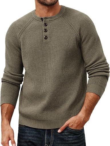 PJ Jones Mens Sweaters Casual Waffle Pullover Sweater Button Crewneck Textured Knit Henley Sweaters