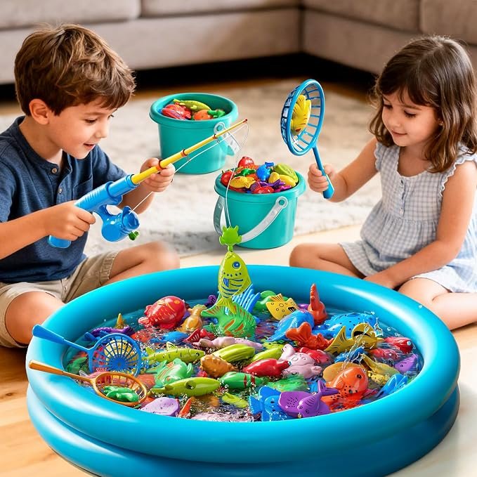 Magnetic Fishing Game Pool Toys for Kids 3 4 5 6 7 8, Water Table Bathtub Toys with Inflatable Pool, Bath Toys for Toddlers, Summer Outdoor Indoor Magnetic Fishing Toys Gifts for Boys Girls 3-5 4-8 hover